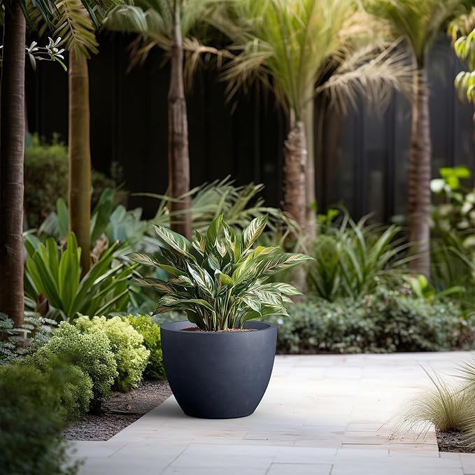 Kante 17.3 Inch Round Concrete Planter - Classic Large Indoor/Outdoor Plant Pot with Drainage Hole and Rubber Plug Suitable for Gardens and Patios Charcoal