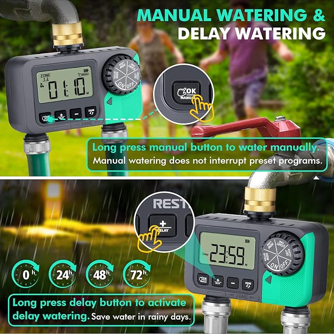 RESTMO Water Timer for Garden Hose Sprinkler Timer with Brass Inlet Automatic Digital Control | Manual ON/Off | Rain Delay for Outdoor Faucet Drip Irrigation and Lawn 2 Outlet