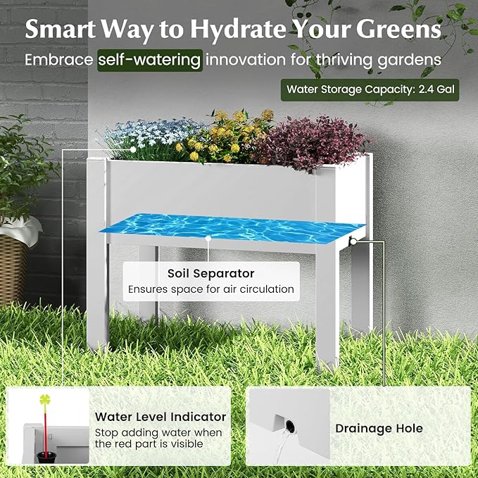 Giantex Raised Garden Bed with Legs Self-Watering Planter Box with Water Level Indicator Drainage Hole &amp Detachable Space Dividers Outdoor Plant Container for Flower Vegetable Fruit Herb