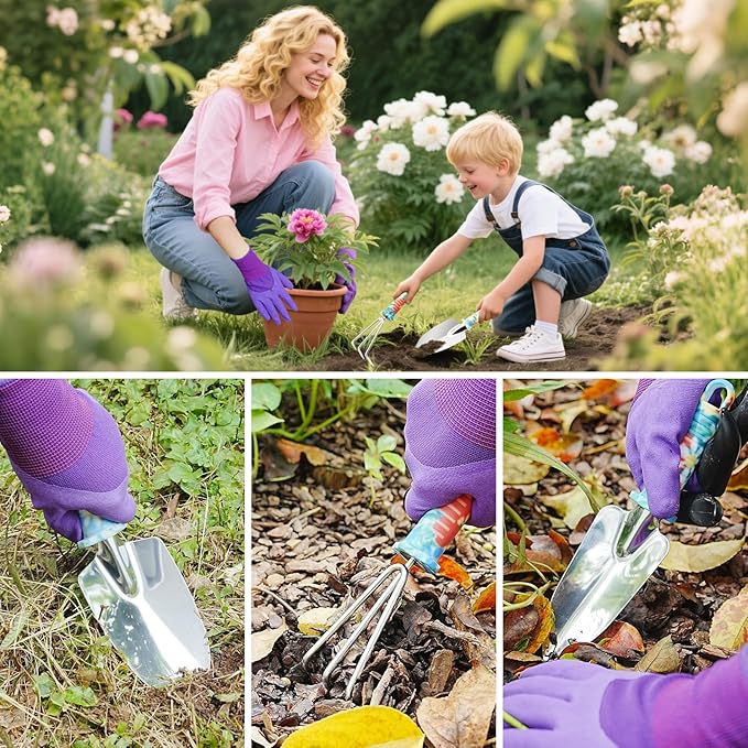 Garden Tool Set 17-Piece Garden Tools with Floral Print 304 Stainless Steel Garden Tools Set Gardening Kit Gardening Gifts for Women Blue