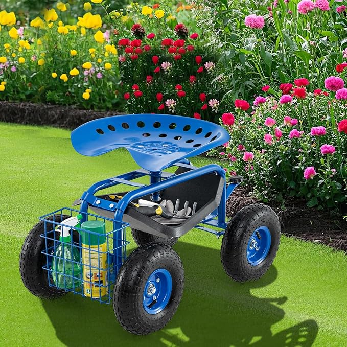 Giantex Garden Workseat 360 Swivel Rolling Seat with Wheels Tools Basket Gardening Cart with Seat Adjustable Height Wagon Scooter for Patio Lawn Yard Outdoor Steerable Stool (Blue)