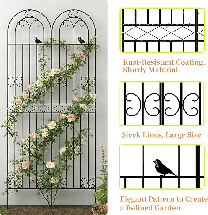 2-Pack 86.6 H x 19.7 W Rustic Metal Arched Garden Trellis – Rustproof Black Climbing Plant Support &amp Decorative Screen for Roses Clematis Cucumbers Patio Lawn &amp Courtyard