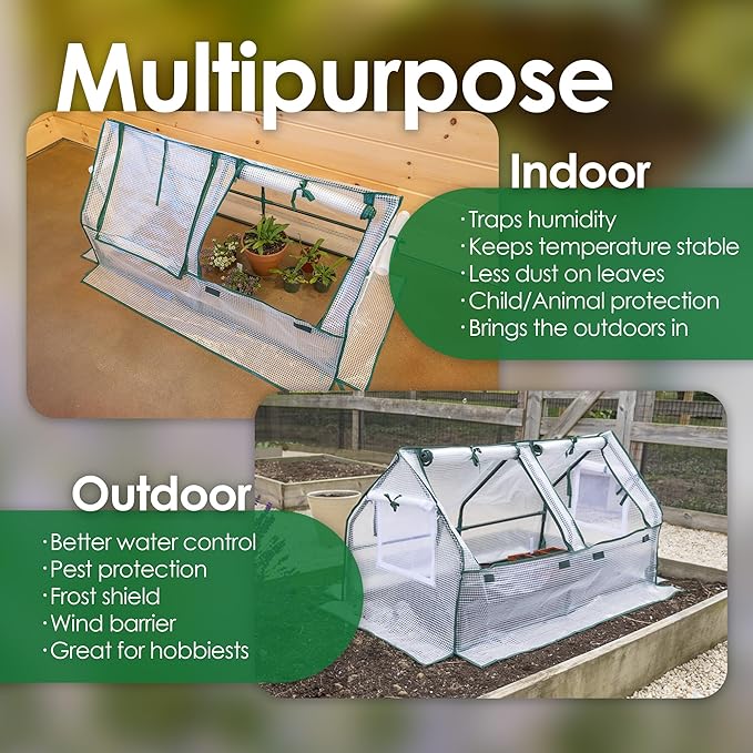 Garden Elements Indoor/Outdoor Metal Frame Plastic Covered Cloche Angled Tunnel Greenhouse with Mesh Vents White Mini 47”