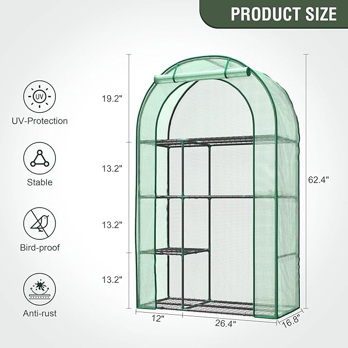 Mini Greenhouse for Outdoors Portable Small Greenhouse 4-Tiers for Indoor 38x17x62 Green House with PE Cover