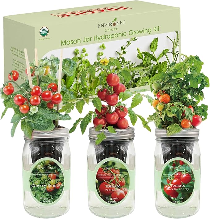 Hydroponic Mason Jar Indoor Garden Organic Seed Starter Kits - Tomato Trio Garden Growing Kits Gardening Gift (Red Robin Tomato Cherry Tomato - Tiny Tim Sweetie Cherry Tomato)