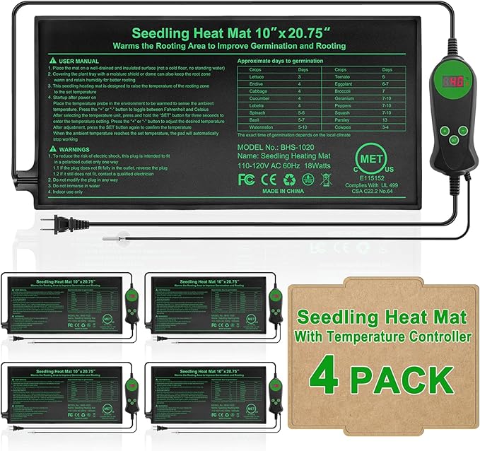 Seedling Heat Mat with Built-in Thermostat 4 Pack 10 x 20.75 Waterproof Plant Heating Pad with Temperature Controller for HydroponicGermination Indoor Gardening Greenhouse MET-Certified