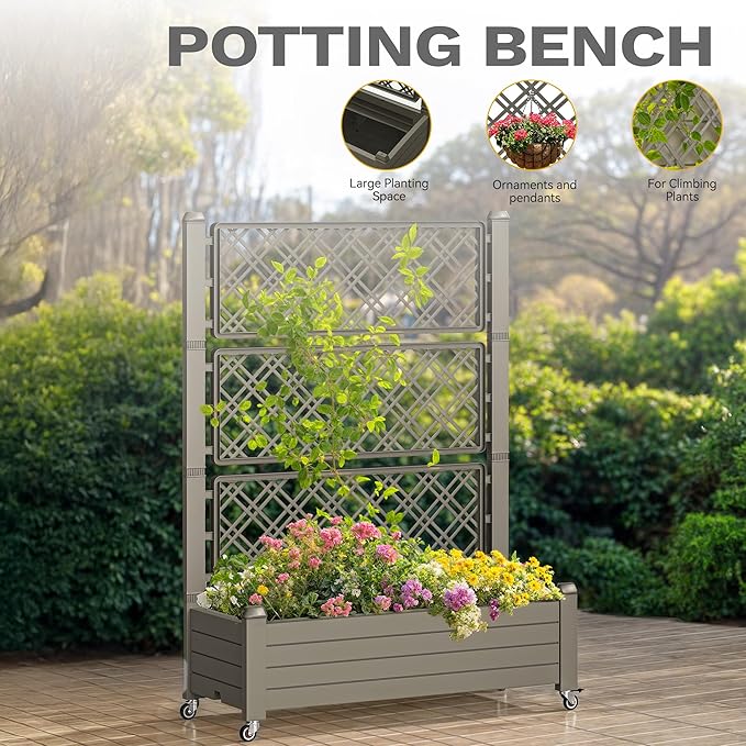 DWVO 3.6 x 1.5 x 5 FT Raised Garden Bed with Trellis Large Outdoor Planter Trellis Box with Drainage Holes and Wheels for Climbing Plants Light Brown