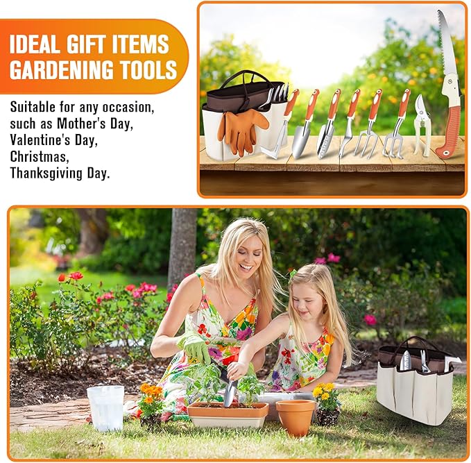 Garden Tool Set - 10 PCS Heavy Duty Stainless Steel Gardening Tools Set with Storage Bag Gardening Kit Ideal Gardening Gifts for Women &amp Men Indoor/Outdoor Use for Digging Planting Pruning