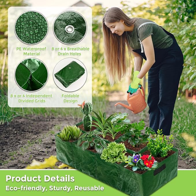 Fabric Raised Garden Bed 2 Pack 8 Grids and 4 Grids 128 Gallon Rectangle Grow Bags with Drainage Holes Breathable PE Planting Containers for Outdoor Vegetables Fruits Flowers