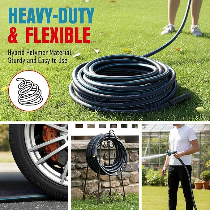 Heavy Duty Garden Hose 100 ft NON-EXPANDABLE Water Hose with 10 Function Spray Nozzle Lightweight Kink-less Hybrid Hose with Swivel Handle Male to Female Fittings