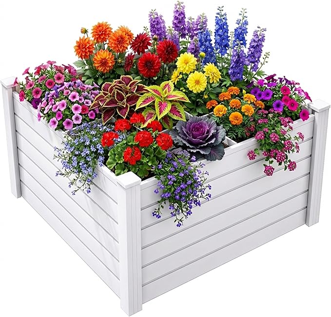 DWVO 4 x 4 x 2 FT Raised Garden Bed Outdoor Vinyl Flower Bed with Growth Grid Large Plastic Planter Box for Vegetables Flowers Herbs Fruits White