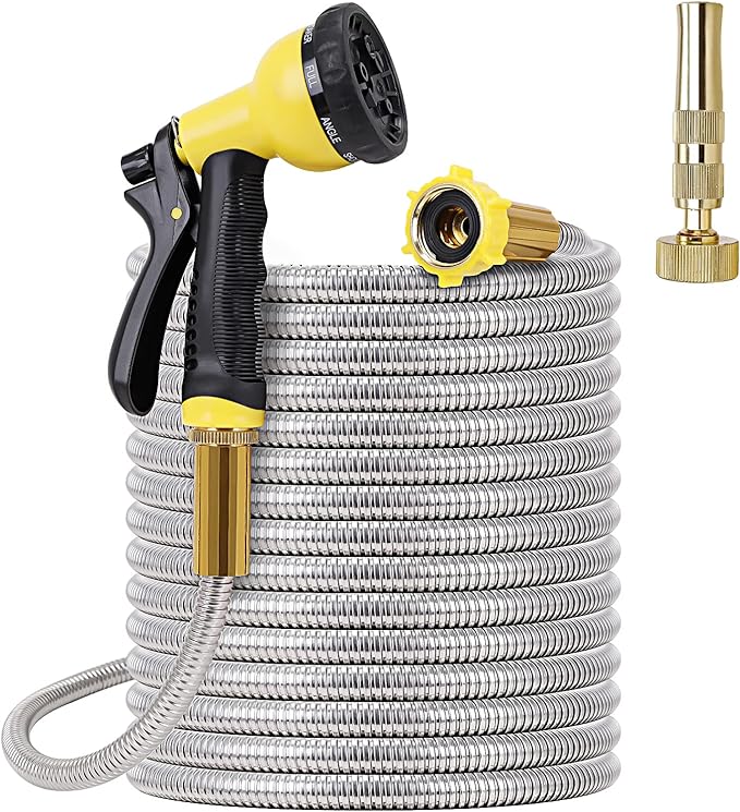 FOXEASE Metal Garden Hose 75FT - Stainless Steel Heavy Duty Water Hose with Metal Nozzle &amp 8 Function Sprayer Portable &amp Lightweight Kink Free Yard Hose Outdoor Hose