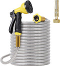 FOXEASE Metal Garden Hose 25FT- Stainless Steel Heavy Duty Water Hose with Solid Metal Nozzle &amp8 Function Sprayer Portable &amp Lightweight Kink Free Yard Hose Outdoor Hose