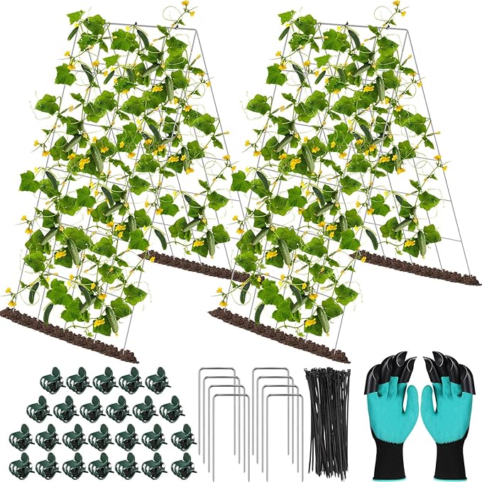 Foldable Cucumber Trellis for Raised Bed 35 x 18 A Frame Garden Trellis for Climbing Plants Vegetables Tomato Pea Grape Metal Cattle Panel Trellis with Gloves (2 Pack)
