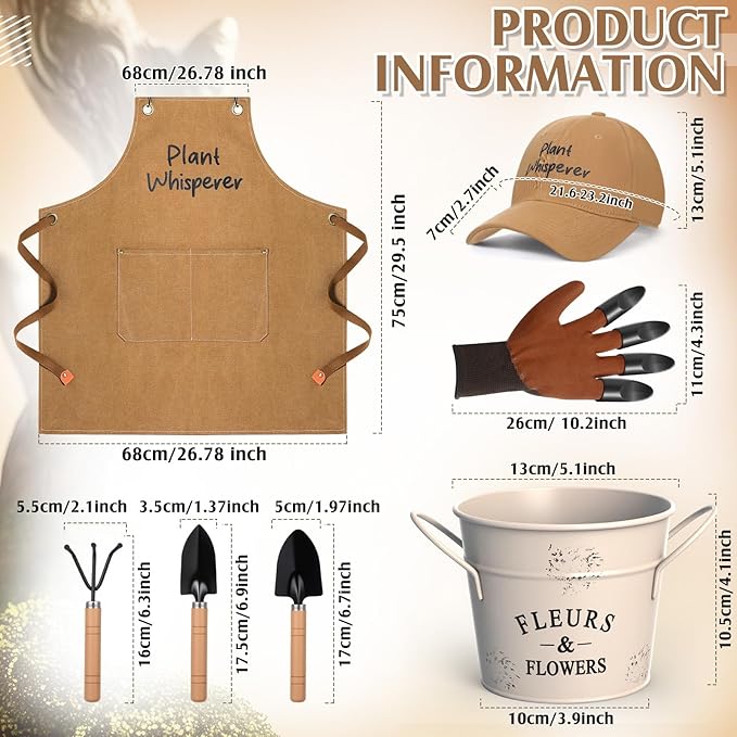 Tarpop Garden Tool Set Christmas Plant Whisperer Gardening Gifts for Women 7 Pcs Vegetable Planting Tool Kit Cap Canvas Apron Gloves Soil Scoop Transplant Trowel Cultivator Flower Tub(Brown)