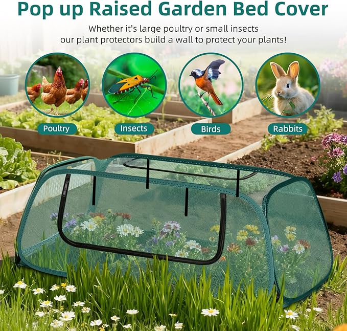 Pop-Up Mesh Garden Cover for Raised Beds – 2-Pack Outdoor Plant Cage with 30% Sun Shade &amp Insect Protection Zip Window Foldable Crop Tent for Seedlings Wildlife Includes 8 Stakes