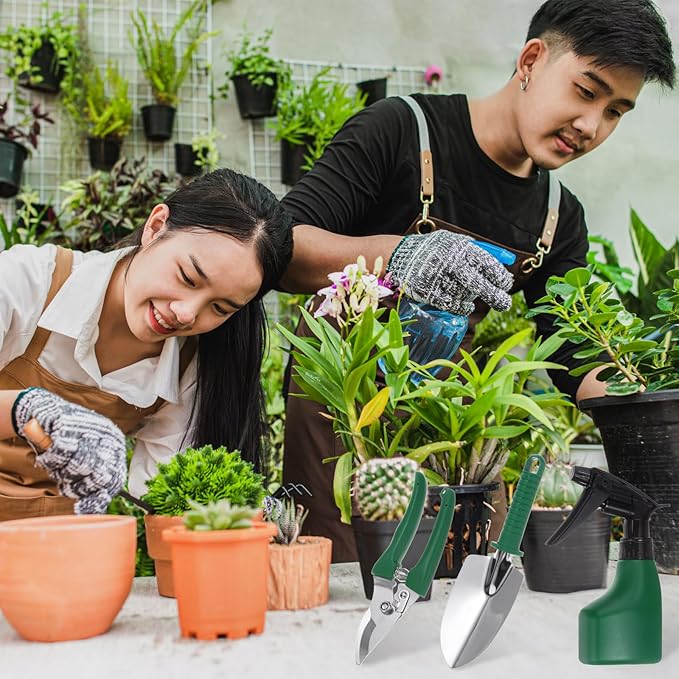 HARFINGTON 1 Set Garden Tool Set 10 Pieces Plastic Gardening Planting Tools Kits with Shovels Rake Scissor Trimmer Water Sprayer and Store Case Green