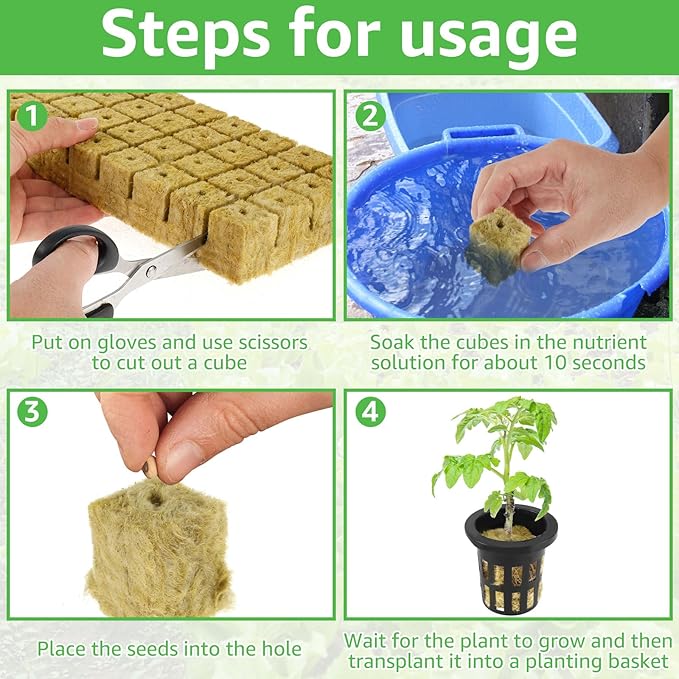 72 Set Rock Wool Cubes for Hydroponics Growing System 1.5inch Rock Wool Planting Cubes with 72 Net Cups 30 Label Good Absorption Hydroponics Mesh Net Cup Kit for Home Balcony Yellow