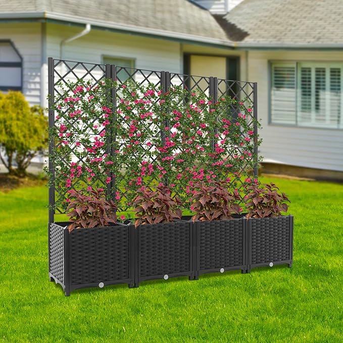 4pcs Planter Box with Trellis Privacy Screen 56H Plastic Raised Garden Bed with Trellis Outdoor Flower Standing Planter with Drainage Hole Privacy Garden Box for Climbing Plants (Dark Black)