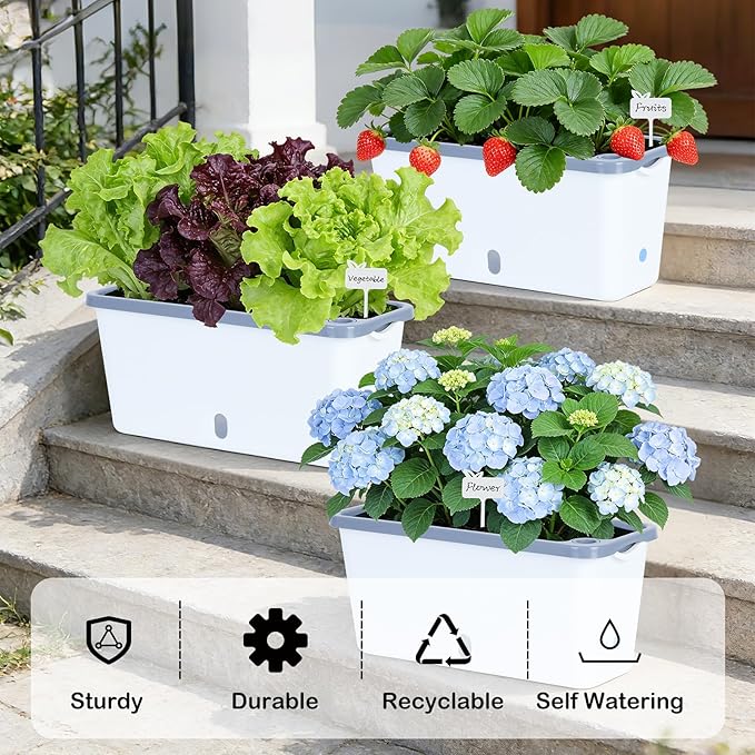 Window Box Planter 4 Packs 14 Inches Rectangle Flower Pots with Breathable Drainage Holes Pots for Vegetables Herbs Flowers Garden Windowsill Balcony (White &amp Grey)
