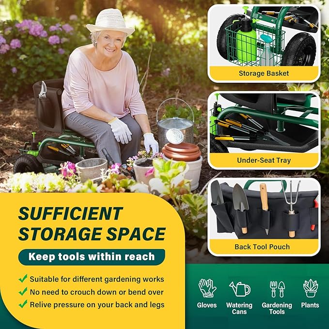 Garden Seat with Wheels Rolling Garden Stool with Adjustable 360°Swivel Seat Storage Basket &amp Extendable Handle Outdoor Gardening Scooter Garden Cart Workseat Stools for Seniors