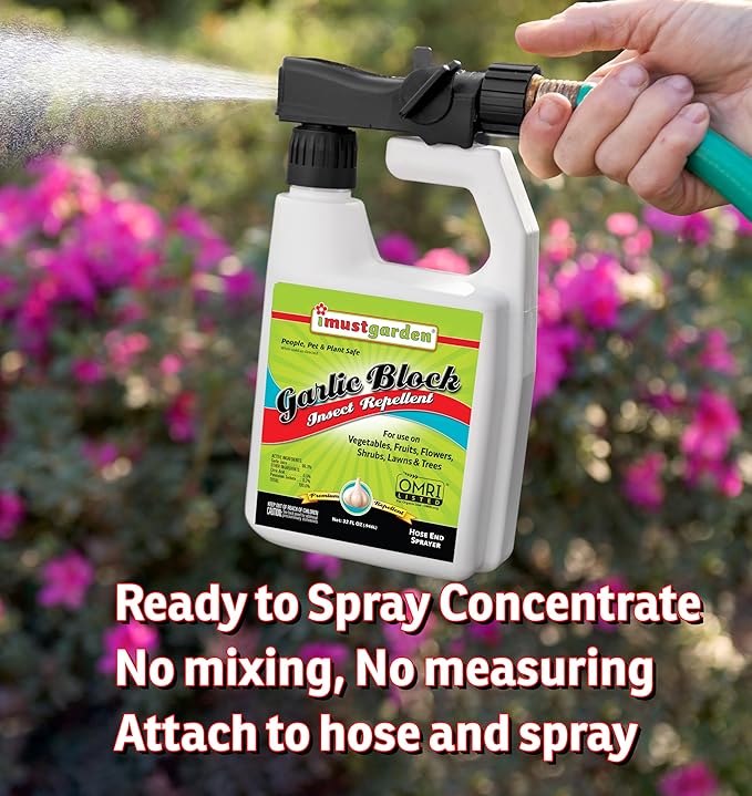Garlic Block Insect Repellent – Ready to Spray Concentrate: No Mixing or Measuring – OMRI Listed for Organic Gardening - Creates a Garlic Barrier to Protect Vegetables Fruits &amp Flowers: 32oz Hose