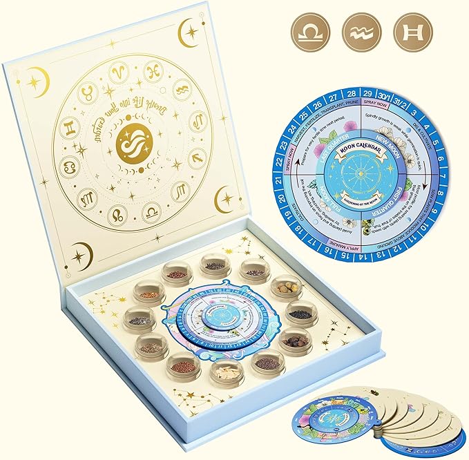 Lush&ampDew Zodiac Garden Seed Bank Gardening Gifts for Women Men 12 Varieties Non-GMO Vegetables Herb Seeds in Seed Organizer Magnetic Gift Box Witchcraft Supplies Air Signs Taurus Virgo Capric