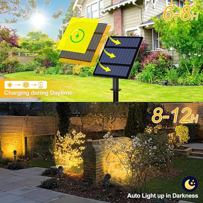 T-SUNUS Solar Spot Lights for Outdoor Warm White 3000K Landscape Spotlight IP65 Waterproof Separated Panel Uplights with 9.8ft Cable Auto On/Off for Tree Yard Lawn House Driveway Pathway Pool