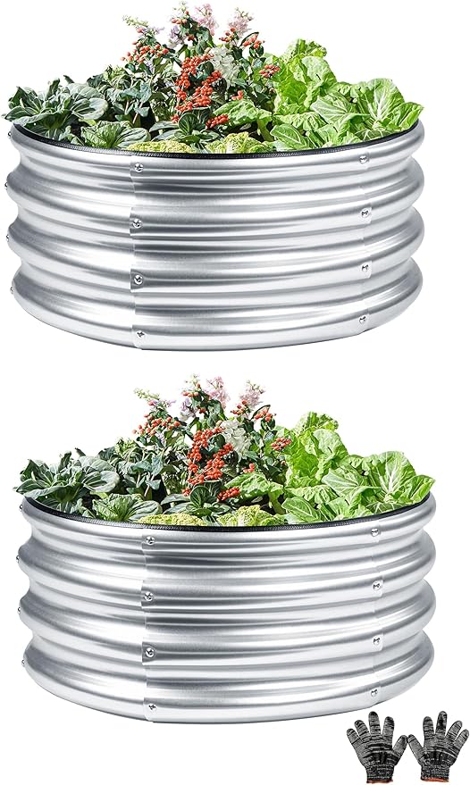 2 Pcs 2x2X1 FT Round Galvanized Raised Garden Bed Kit Silver Outdoor Planter Garden Bed Metal Raised Box for Vegetables Fruits Flowers &amp Herbs