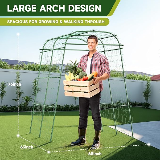 HIRALIY Garden Arch Trellis for Climbing Plants 6.3ft Tall Heavy Duty Metal Cucumber Trellis Rustproof Plant Support Tunnel for Tomato Grape Bean Raised Bed and Vegetable Gardens Green