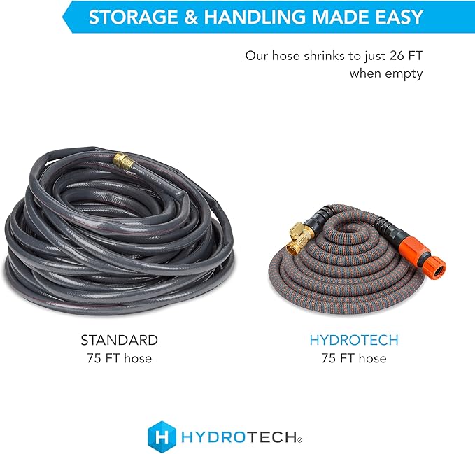 HydroTech 75 ft Expandable Garden Hose - Burst Proof &amp Lightweight Flexible Water Hose with Durable Reinfordced Latex Core &amp Solid Brass Fittings for Lawn Garden Car Washing