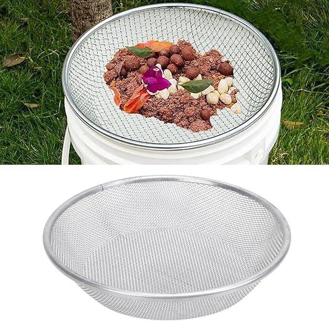 Gardening Sand Soil Compost Sifter Round Garden Soil Sieve Pan Sand Sifter Set with Gloves Stainless Steel Rock Garden Sieve Soil Sifter Gardening Strainer Soil Sifting Pan