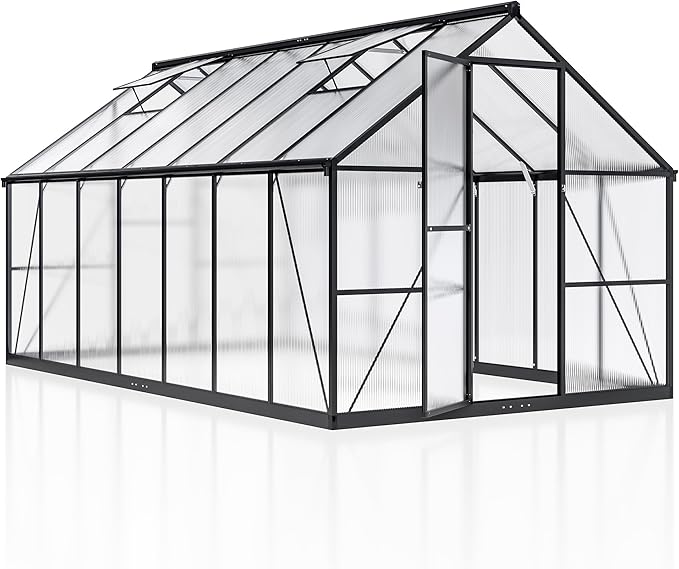 8x14 FT Green House for Outdoors Quick Setup Polycarbonate Greenhouse with Roof Vent Aluminum Large Walk-in Greenhouse for Outside Garden Backyard Black