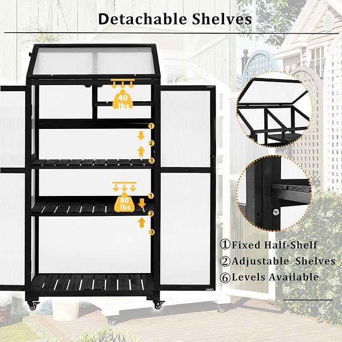 62inch Height Wood Large Greenhouse Balcony Portable Cold Frame with Wheels and Adjustable Shelves for Outdoor Indoor Backyard Mudroom (Black/Garden)