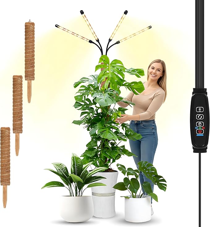 Grow Lights with Moss Pole for Indoor Plants Full Spectrum LED Plant Light with Auto 3/9/12H Timer Adjustable Height 15-54 Plant Lights Coco Coir Pole for Monstera Philodendron Climbing Plants