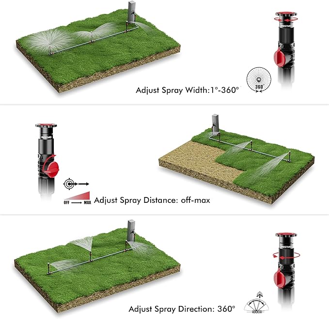 RESTMO Flexible Sprinkler System with Metal Spike Base Above Ground DIY Irrigation Kit Multi-Adjustable Lawn Sprinkler Set Ideal for Plant and Flower Bed Watering Red (Garden Hose Not Included)