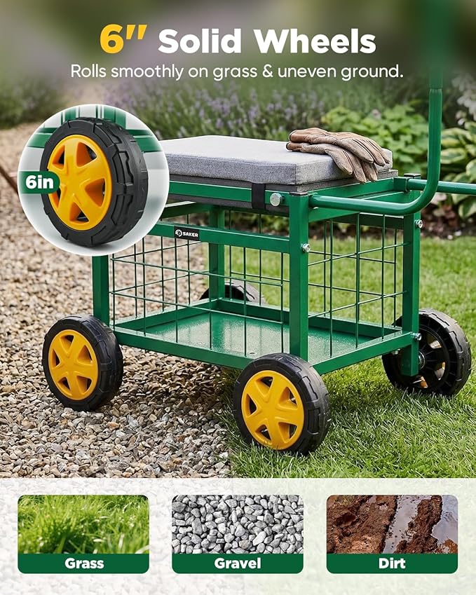 Saker Rolling Garden Cart with Seat &amp Wheels - 15.7'' EVA Padded Rolling Stool 500 lb Steel Frame Large Storage Basket - Garden Wagon Workseat for Patio Lawn Yard (Luxury Version)