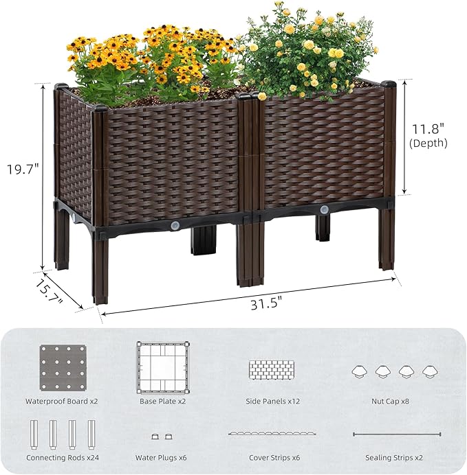 Rattan Raised Garden Bed with Legs-Rectangular Elevated Deep Planters for Outdoor Plants Self Watering Planter Box 32L x 16W x 20H Rectangular Deep Garden Bed for Vegetables Flowers Herbs