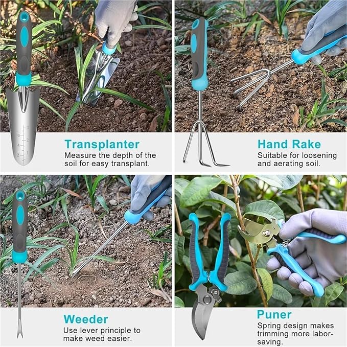 Gardening Tools Set 10 Piece Heavy Duty Stainless Steel Garden Tools Set with Ergonomic Rubber Handle Variety of Gardening Hand Tool
