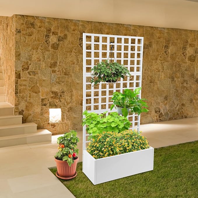 Metal Planter with Trellis 110lbs Load Capacity Free Standing Climbing Plant Support 12 Inch Deep Raised Garden Bed with Privacy Screen for Balcony Patio Garden Indoor &amp Outdoor Use(White)