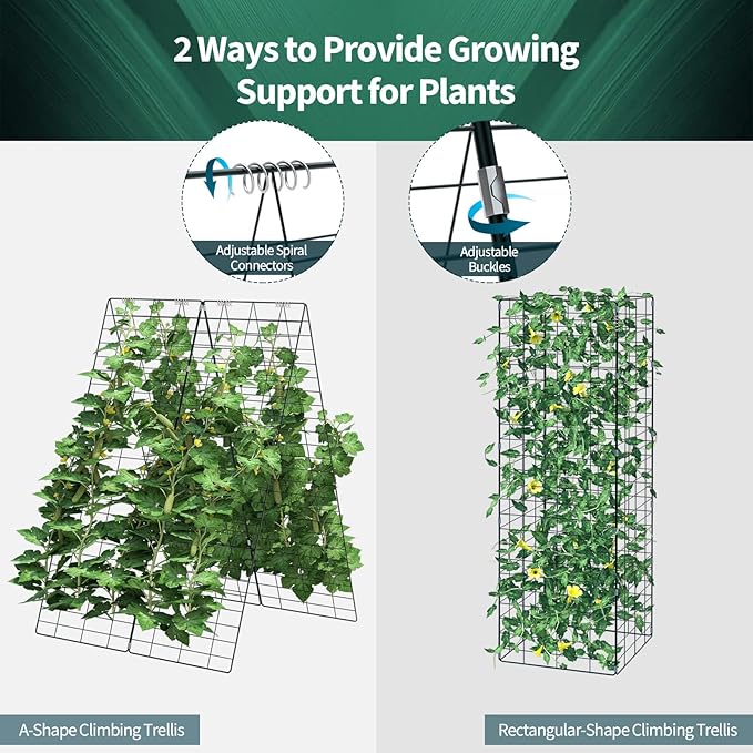Cucumber Trellis 8-Panel Metal Plant Support w/Rustproof PP-Coated A-Frame Clips Stakes Spiral Connectors Cable Tie &amp Twist Tie Garden Trellis for Climbing Plants Outdoor Raised Bed