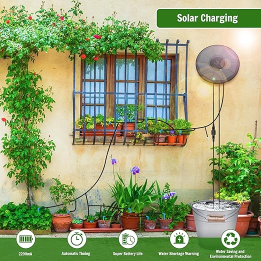 Solar Irrigation System TRJZWA 2 Pack Automatic Drip Irrigation Kit for Outdoor/Indoor Garden Watering System with Water Level DetectionDrip Irrigation System for 15 Potted Plant with 15m Water Hose