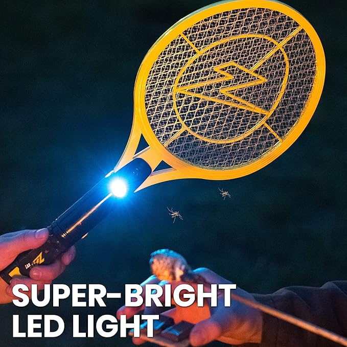 ZAP IT! Rechargeable Electric Fly Swatter Racket - 4000-Volt Mosquito Zapper with USB Charging and LED Light - Large - Safe 3-Layer Mesh Bug Zapper Racquet for Indoors and Outdoors - Yellow