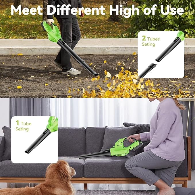 20V Leaf Blower Cordless with 2 Battery and Charger 135MPH 175CFM High Speed Blower with 2 Tubes Electric Leaf Cleaner Lightweight Handheld Small Blower for Patio Garden House Depot Green