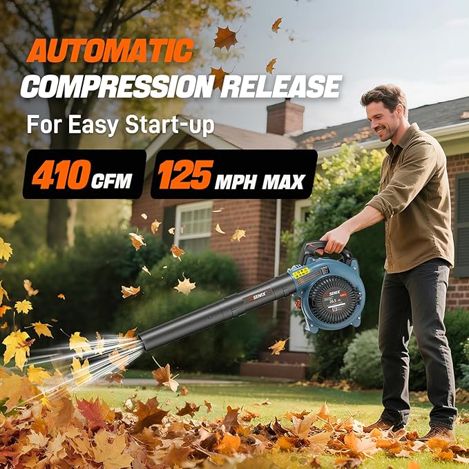 SENIX 26.5cc Gas Leaf Blower 4-Cycle Engine Handheld Gas Powered Blower 410CFM &amp 125MPH 7000RPM for Lawn Care Leaf &amp Debris Cleanup Driveways