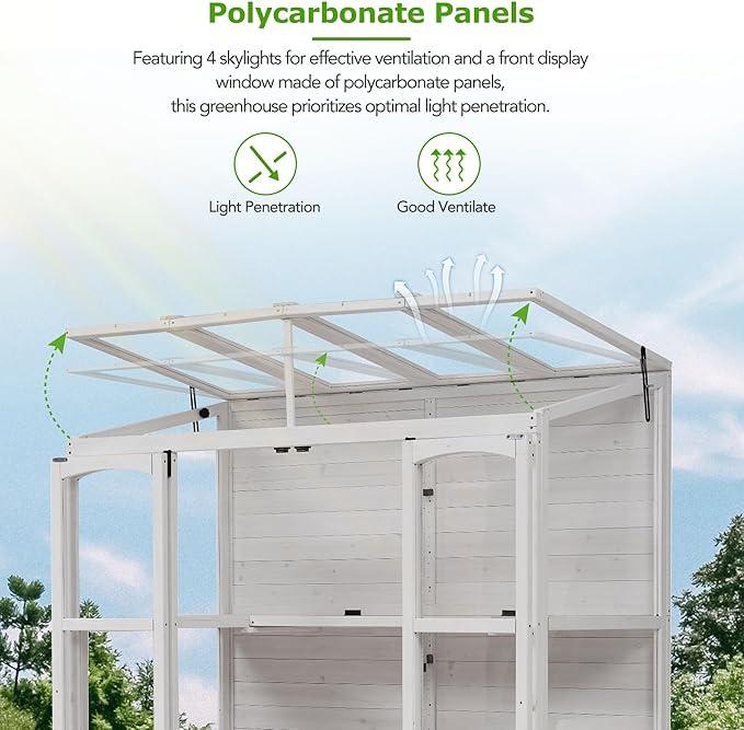 Polibi Wooden Greenhouse Cold Frame Portable Greenhouse with 2 Folding Middle Shelves and 4 Independent Skylights for Indoor Outdoor Patio Balcony Garden 57.9 Lx29.1 Wx78.1 H White