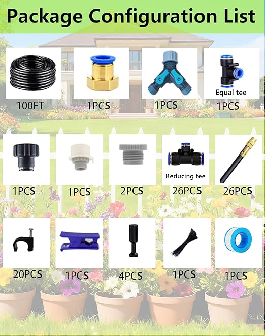 Drip Irrigation System - 360° Adjustable Micro Spray Sprinkler Kit for Garden Easy Installation No Tools Fine Mist Watering for Garden Potted Plants Greenhouse (100 FT)