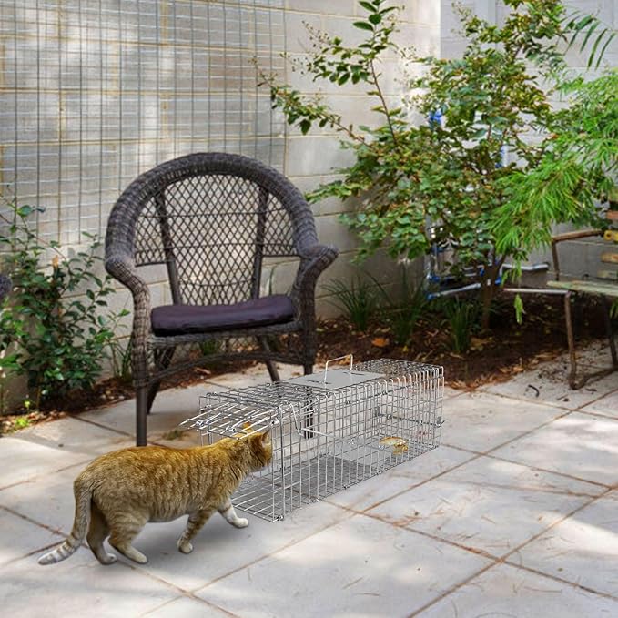 KOCASO 23.3 Live Animal Cage Trap Collapsible Galvanized Wire with Pedal Trigger Humane Trap for Stray Cats Squirrels Raccoons Mice Groundhogs (Silver)