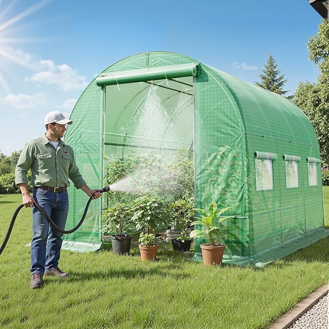 Grezone 10×6.6×6.6ft Greenhouse with Watering SystemHeavy Duty Green House Large Tunnel Greenhouses Kit Walk in Outdoor Plant Gardening for Garden Backyard Green