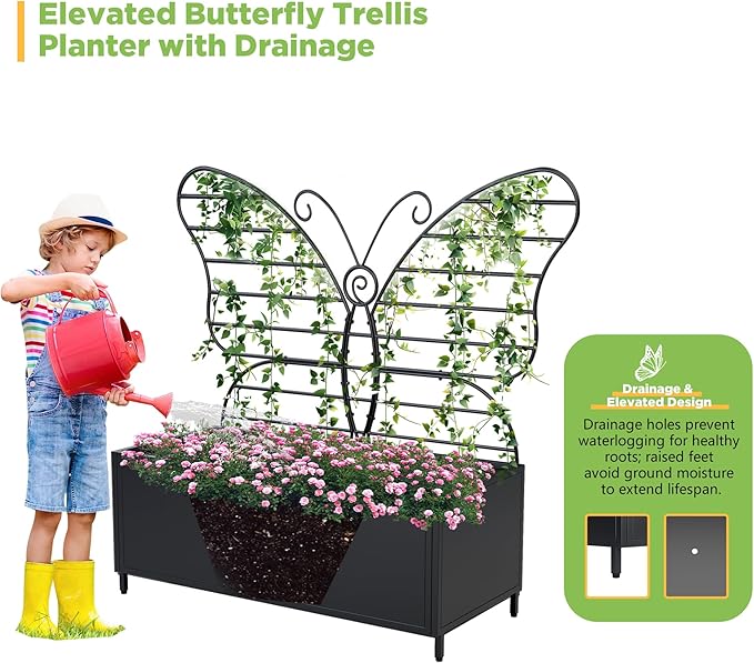 Metal Planter Box with Trellis Metal Raised Garden Bed with Drainage Holes Butterfly-Shaped Planters for Outdoor Garden Box for Climbing Plants Vegetables and Vines (Black)